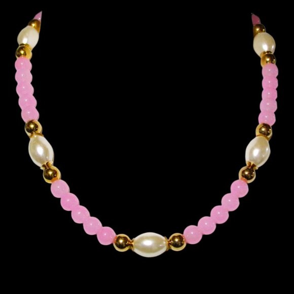 Pink glass and white pearl bead necklace mixed with gold beads 20" - Picture 10 of 12